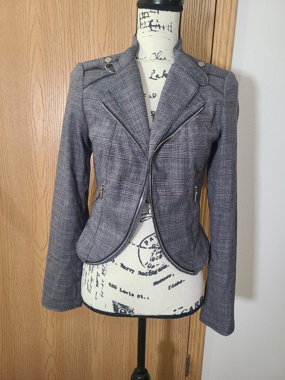White House Black Market Plaid Zipper Moto Jacket Blazer